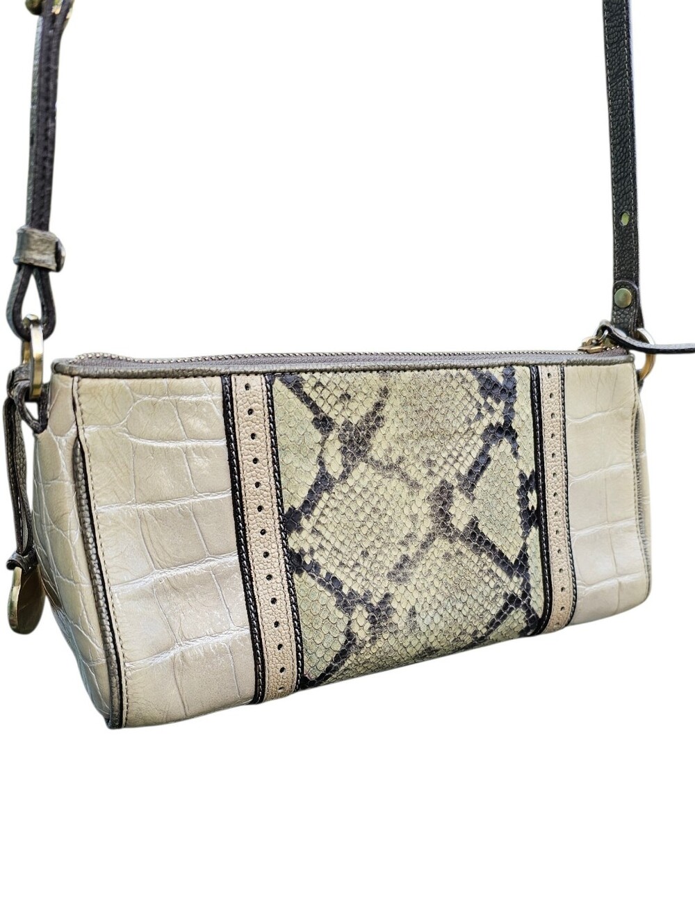 Brahmin Tuscan Marcy Tri Texture Snake Croc Embossed Baguette Crossbody
